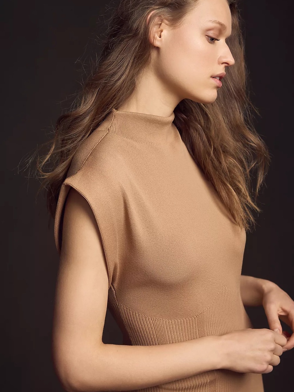 Anthropologie Camel-Tan Mini Sweater Dress Cap Sleeve Knit Size L - Picture 3 of 9